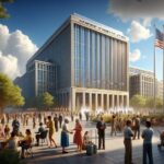 Multitud frente a edificio gubernamental con banderas