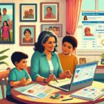 Mujer con niños frente a computadora familiar