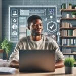 Hombre trabajando en escritorio con computadora portátil.