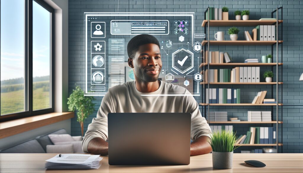 Hombre trabajando en escritorio con computadora portátil.