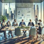 Reunión de negocios en oficina moderna con vistas.