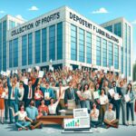 Empleados celebrando frente a edificio de oficinas.