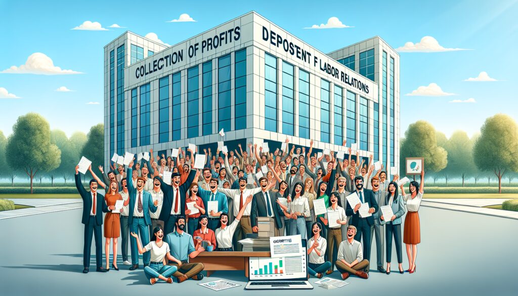 Empleados celebrando frente a edificio de oficinas.