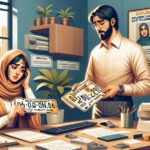 Mujer y hombre revisando matrículas en una oficina.