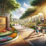 Entrada residencial con personas caminando.