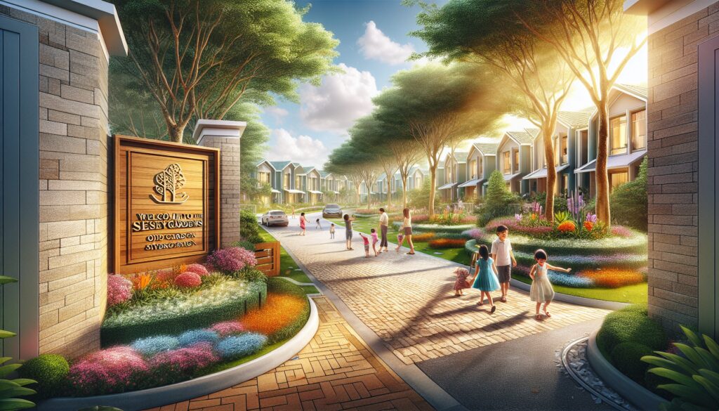 Entrada residencial con personas caminando.