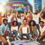 Grupo diverso celebrando al aire libre