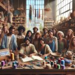 Grupo de personas en una tienda de artesanías.