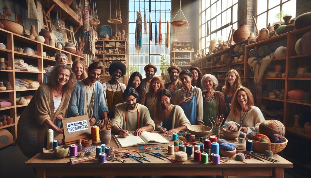 Grupo de personas en una tienda de artesanías.