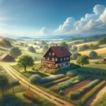 Casa rural en campo soleado con jardín.