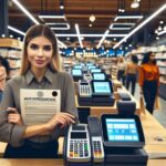 Cajera en tienda con autorización en mano