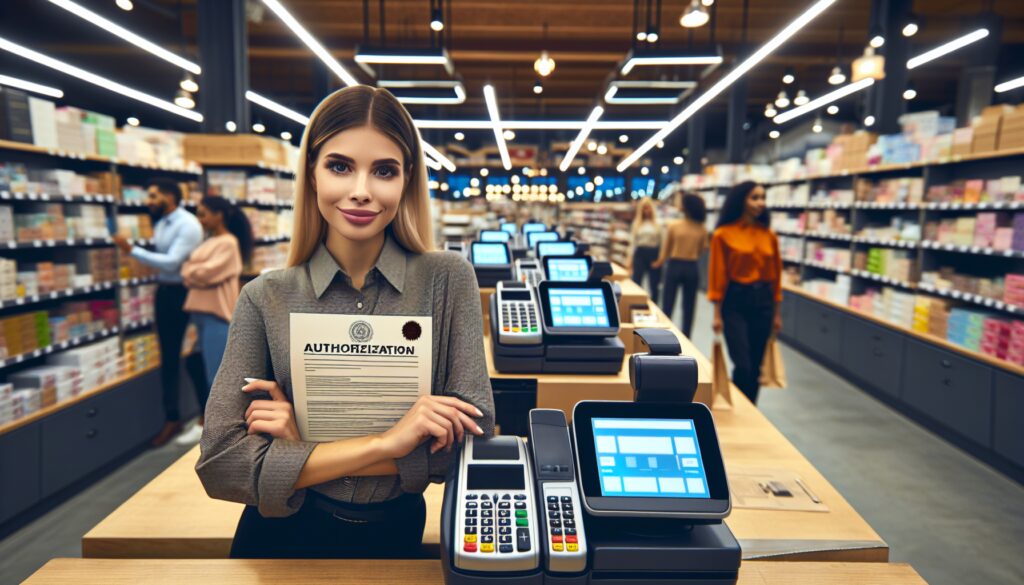 Cajera en tienda con autorización en mano
