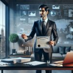 Hombre con certificado en oficina moderna