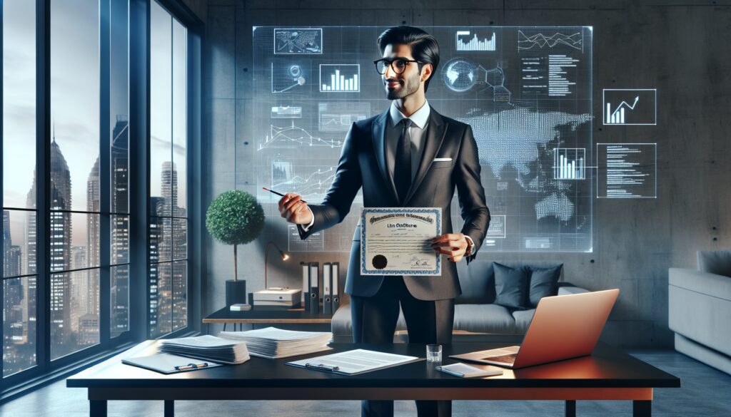 Hombre con certificado en oficina moderna