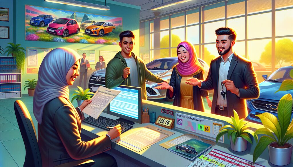 Cliente compra coche en concesionario, firma papeleo.