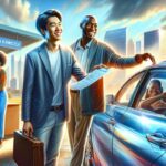 Registro de vehículos, personas contentas, rascacielos al fondo.