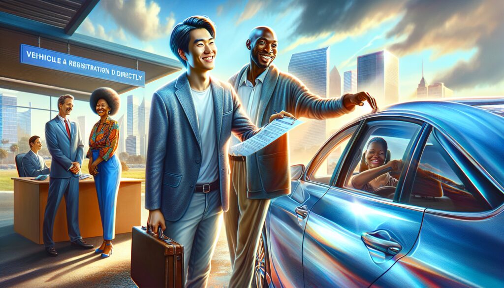 Registro de vehículos, personas contentas, rascacielos al fondo.