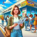 Mujer con licencia frente a oficina de conducción