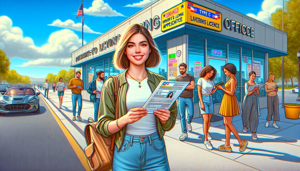 Mujer con licencia frente a oficina de conducción