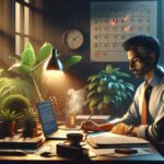 Hombre trabajando en un escritorio con plantas y calendario