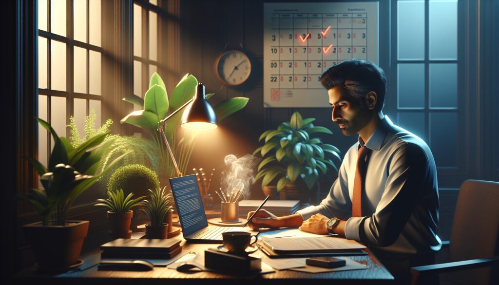 Hombre trabajando en un escritorio con plantas y calendario