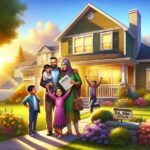 Familia feliz frente a su casa nueva.