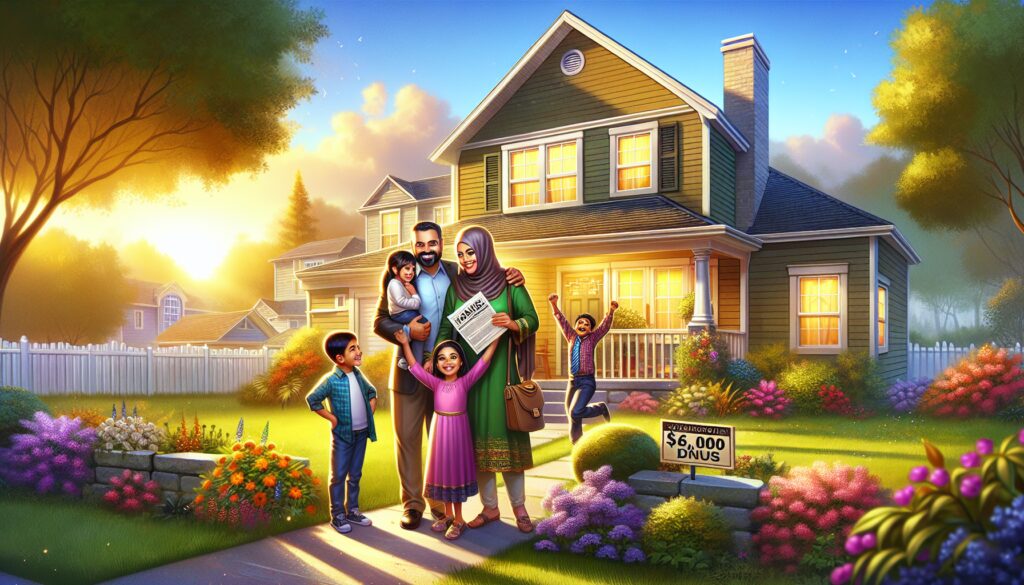 Familia feliz frente a su casa nueva.