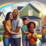 Familia feliz frente a casa con arco iris.