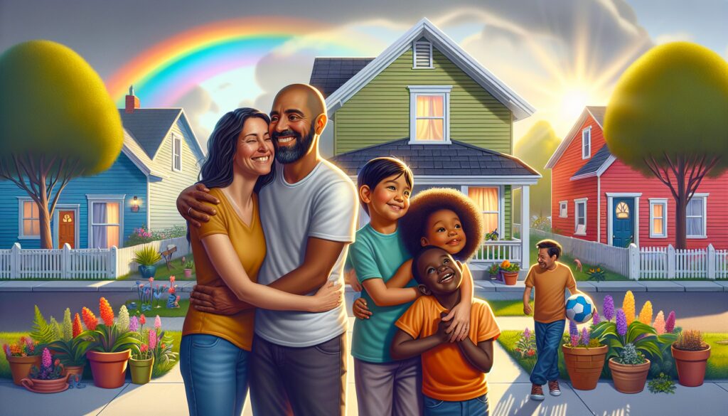 Familia feliz frente a casa con arco iris.