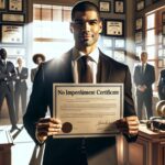 Hombre sosteniendo certificado en oficina de abogados