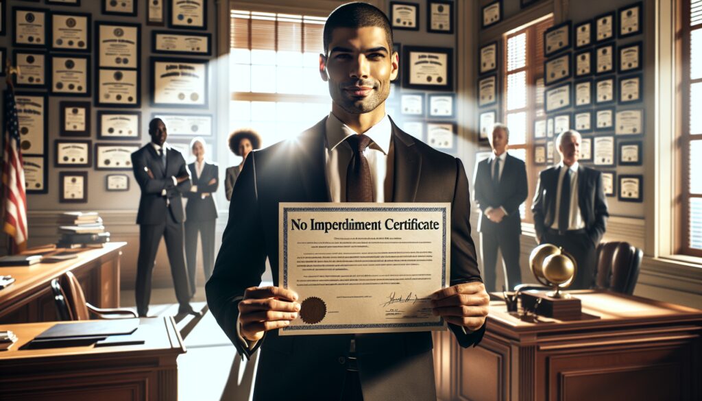 Hombre sosteniendo certificado en oficina de abogados