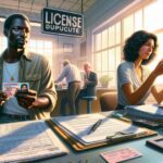 Personas gestionando trámites de licencias en oficina.