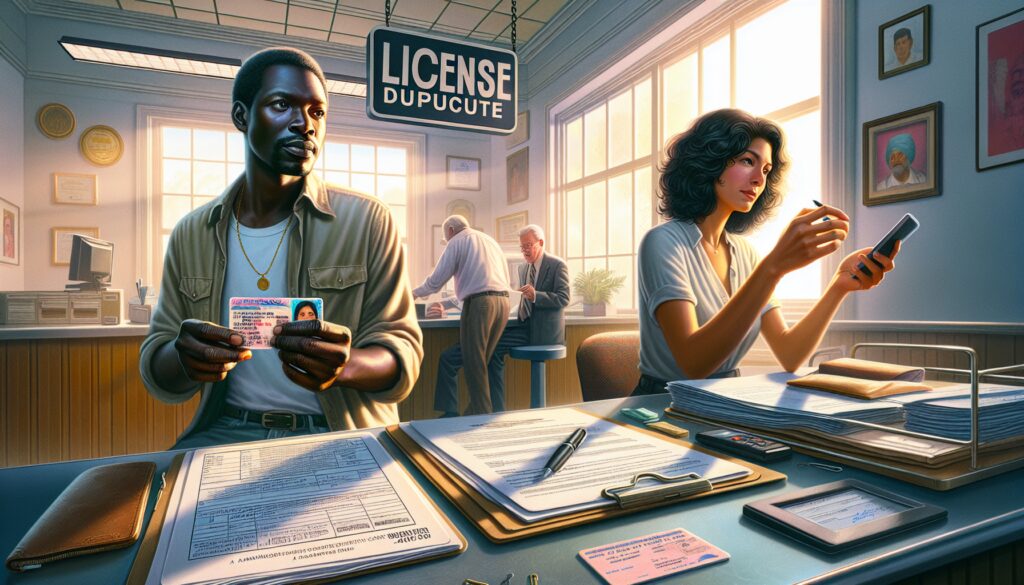 Personas gestionando trámites de licencias en oficina.