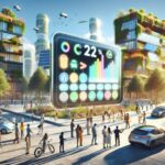Ciudad futurista con edificios verdes y tecnología digital.