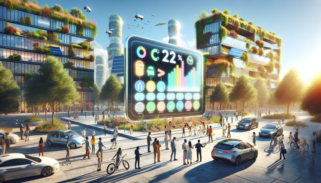 Ciudad futurista con edificios verdes y tecnología digital.