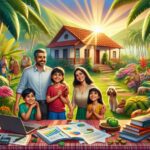 Familia feliz en un jardín tropical con casa.