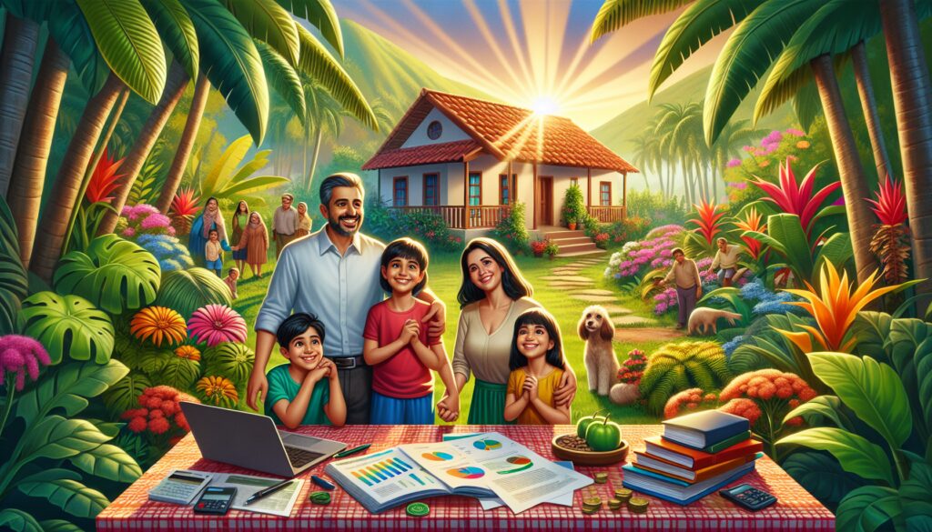 Familia feliz en un jardín tropical con casa.