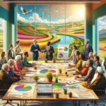 Reunión de oficina con gráficos y ventanas pintorescas.