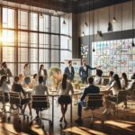 Reunión de trabajo en sala de conferencias moderna.