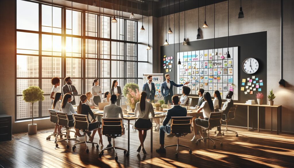 Reunión de trabajo en sala de conferencias moderna.