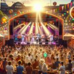 Concierto al aire libre con mucha gente.