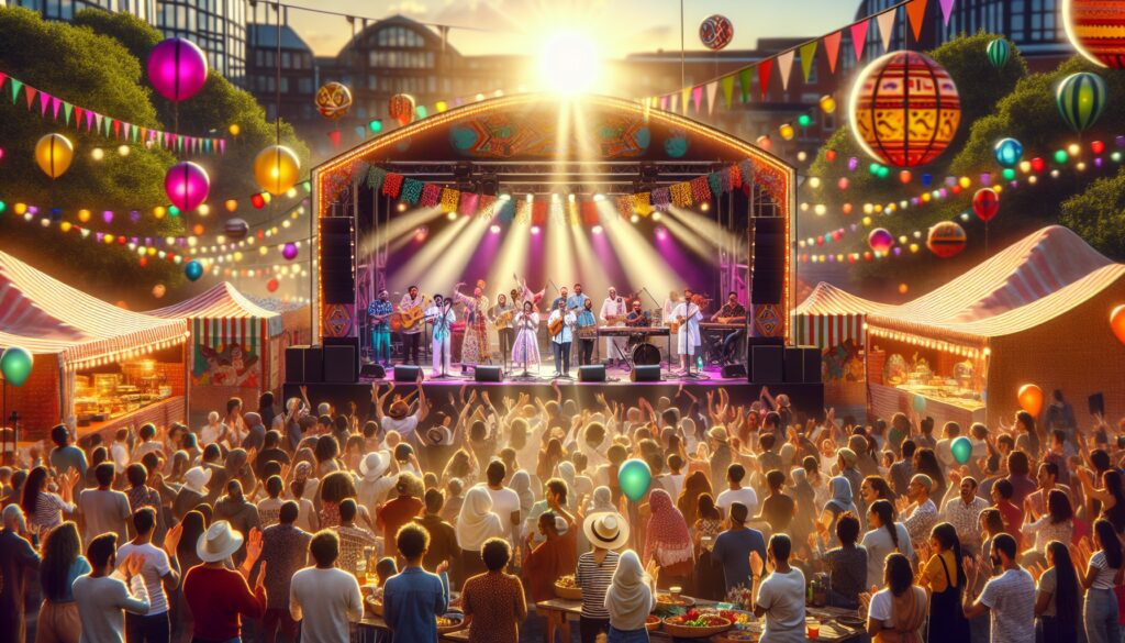 Concierto al aire libre con mucha gente.