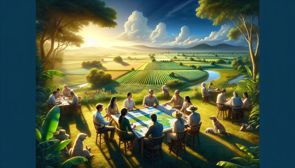 Grupo de personas en el campo al atardecer.