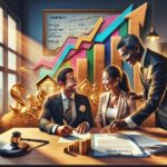 Reunión empresarial con gráficos financieros y billetes.