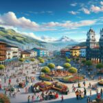 Plaza céntrica con montañas al fondo, gente y edificios.