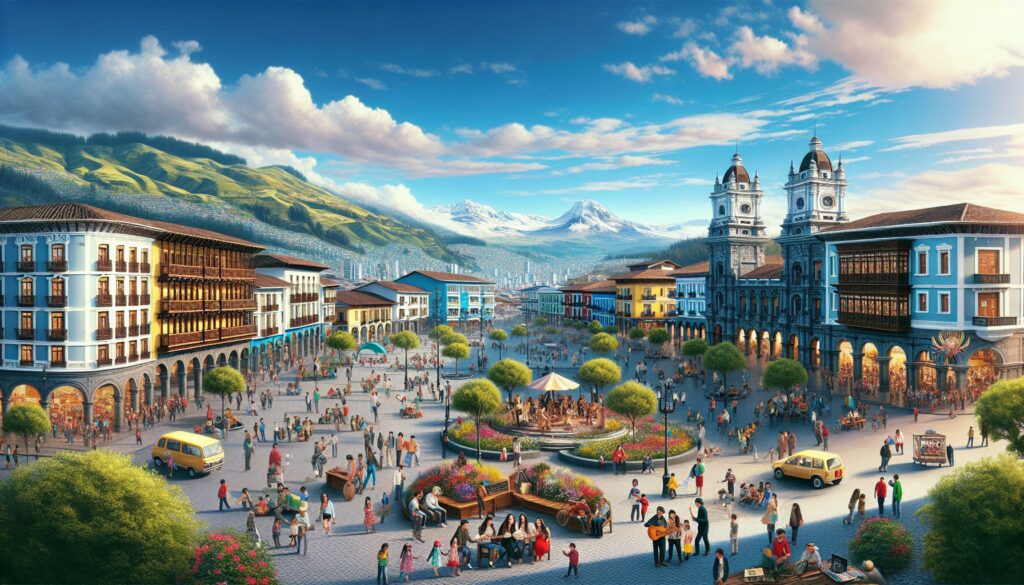 Plaza céntrica con montañas al fondo, gente y edificios.