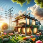 Casa moderna con jardín florido al atardecer.