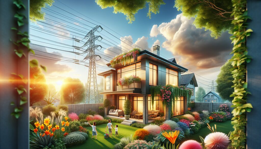 Casa moderna con jardín florido al atardecer.