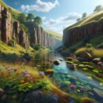 Cañón con flores y río cristalino