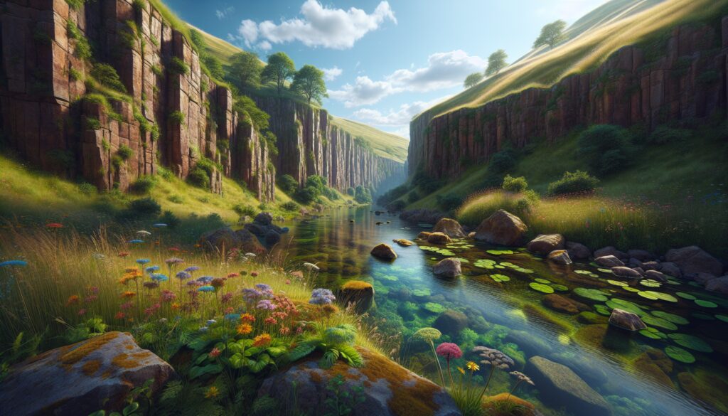 Cañón con flores y río cristalino